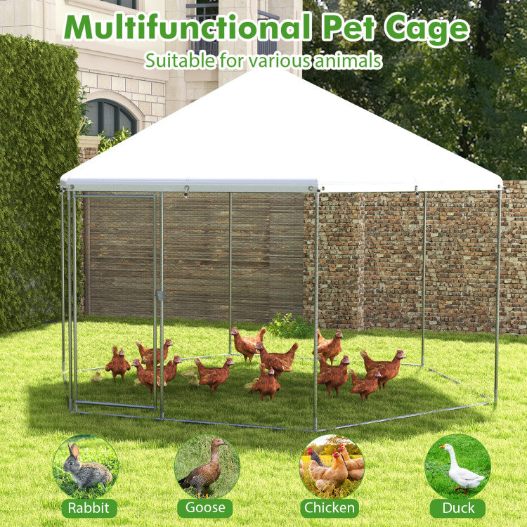New Outdoor 13FT Large Metal Hexagonal Chicken Coop with Wire Mesh and Lockable Door