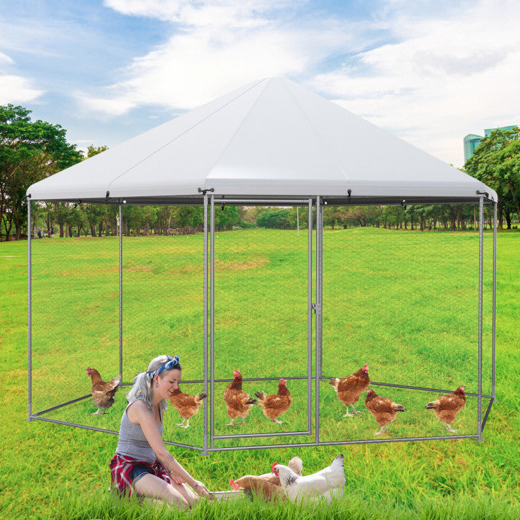 New Outdoor 13FT Large Metal Hexagonal Chicken Coop with Wire Mesh and Lockable Door