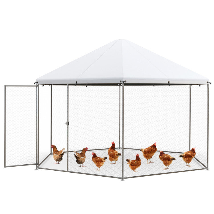 New Outdoor 13FT Large Metal Hexagonal Chicken Coop with Wire Mesh and Lockable Door
