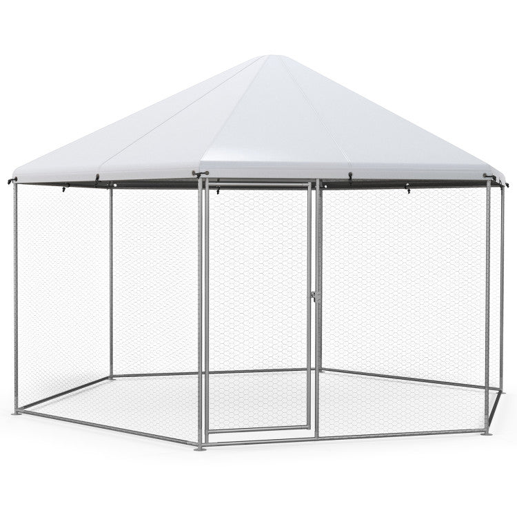 New Outdoor 13FT Large Metal Hexagonal Chicken Coop with Wire Mesh and Lockable Door
