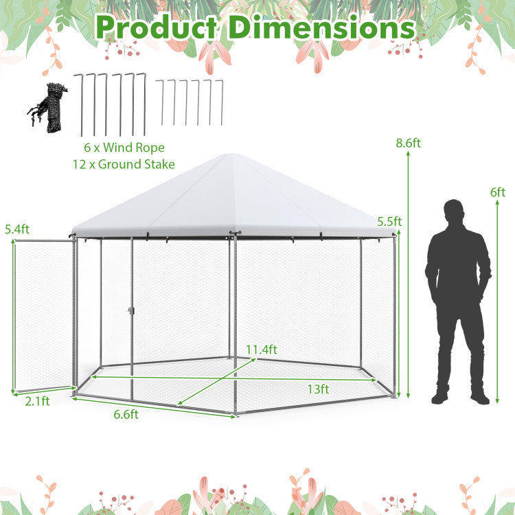 New Outdoor 13FT Large Metal Hexagonal Chicken Coop with Wire Mesh and Lockable Door