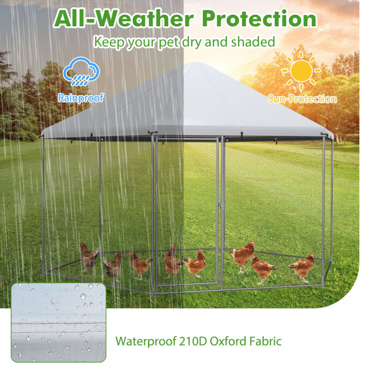 New Outdoor 13FT Large Metal Hexagonal Chicken Coop with Wire Mesh and Lockable Door