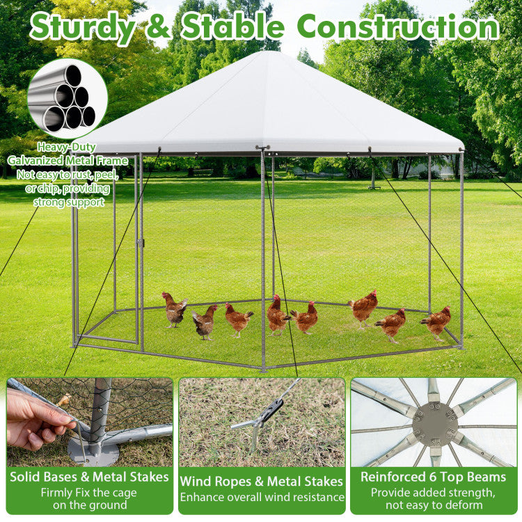 New Outdoor 13FT Large Metal Hexagonal Chicken Coop with Wire Mesh and Lockable Door
