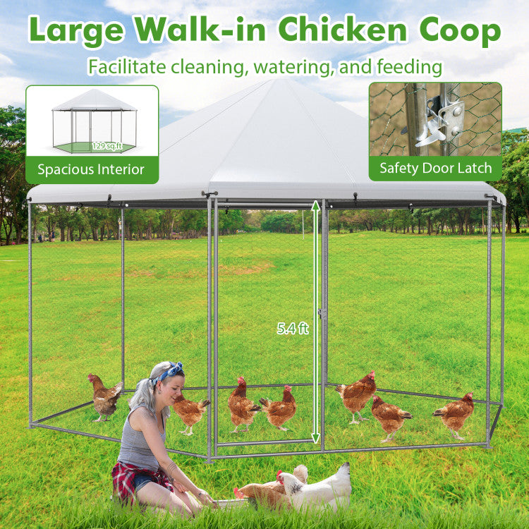 New Outdoor 13FT Large Metal Hexagonal Chicken Coop with Wire Mesh and Lockable Door