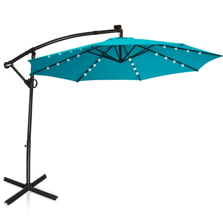 Outdoor 10 Feet 360° Rotation Solar Powered LED Patio Offset Umbrella without Weight Base