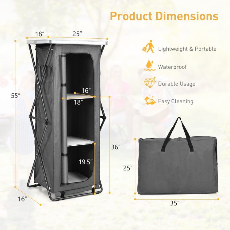 Outdoor Folding Camping Storage Cabinet with 3 Shelves and Carry Bag