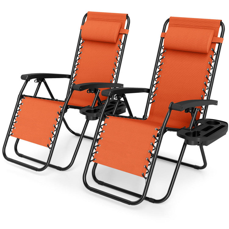 New Set of 2 Portable Zero Gravity Chairs with Cup Holder Trays and Backrest Set of 2