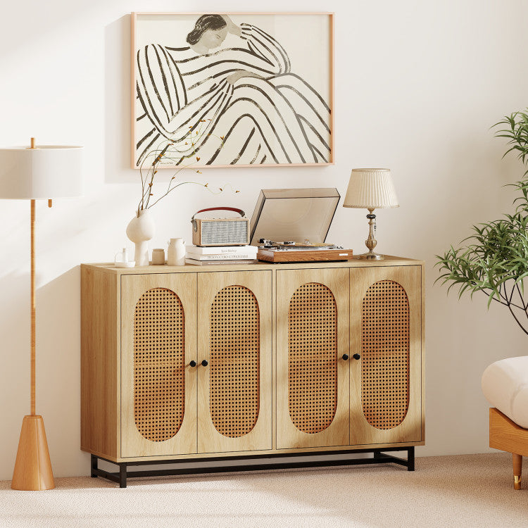 Home 50 Inch Buffet Sideboard Cabinet with 4 Rattan Doors and Adjustable Shelves