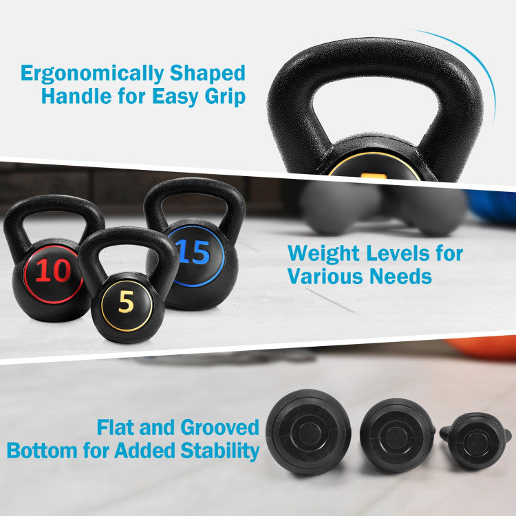 Fitness 3 Pieces 5 10 15lbs Kettlebell Weight Set