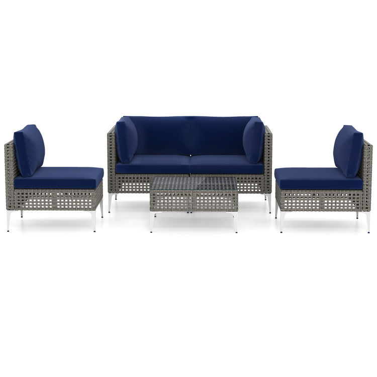 5 Piece Outdoor Furniture Set Patio Rattan Chairs with Tempered Glass Coffee Table