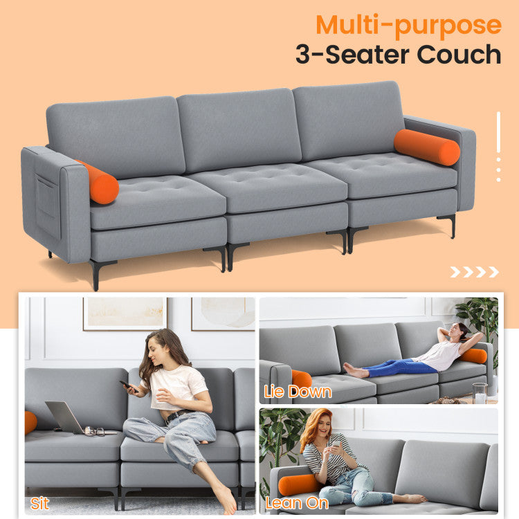 Home Modular 3-Seat Sofa Couch with Socket USB Ports and Side Storage Pocket