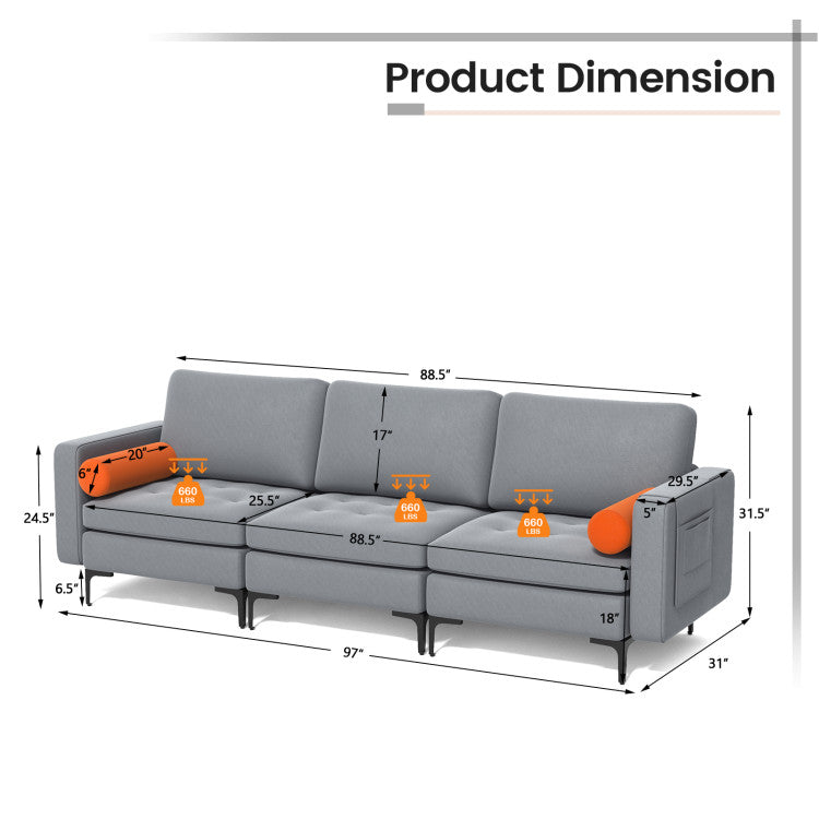 Home Modular 3-Seat Sofa Couch with Socket USB Ports and Side Storage Pocket