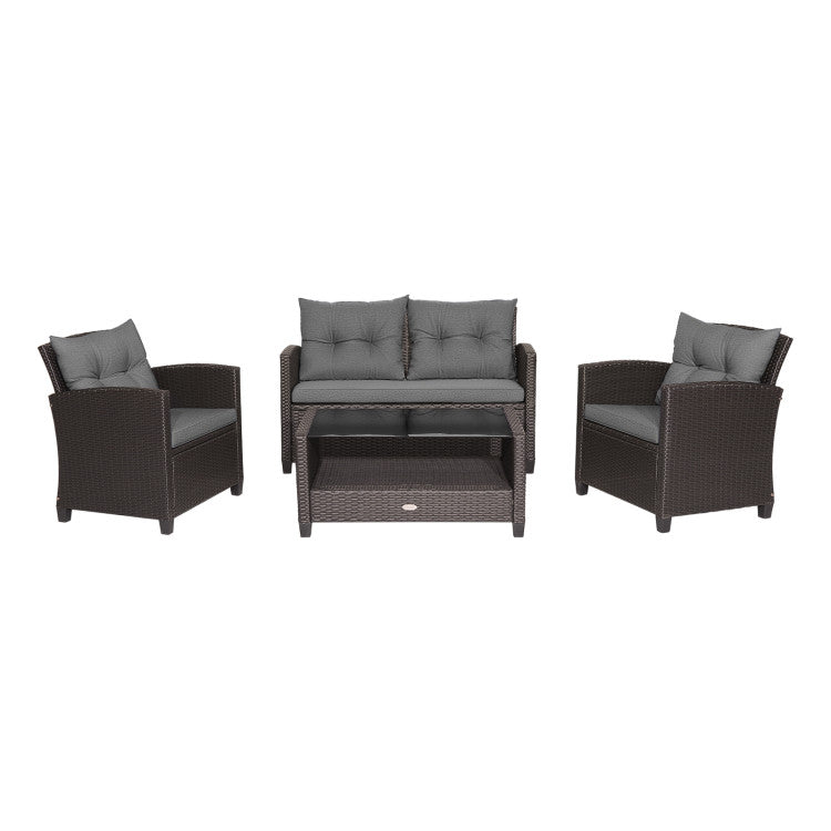 4 Pieces Patio Rattan Conversation Furniture Set with Glass Top Coffee Table