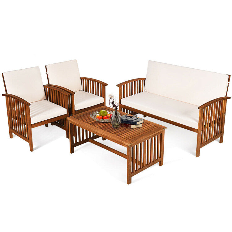 Outdoor Acacia Wood 4 Pieces Patio Solid Wood Furniture Set with Water Resistant Cushions