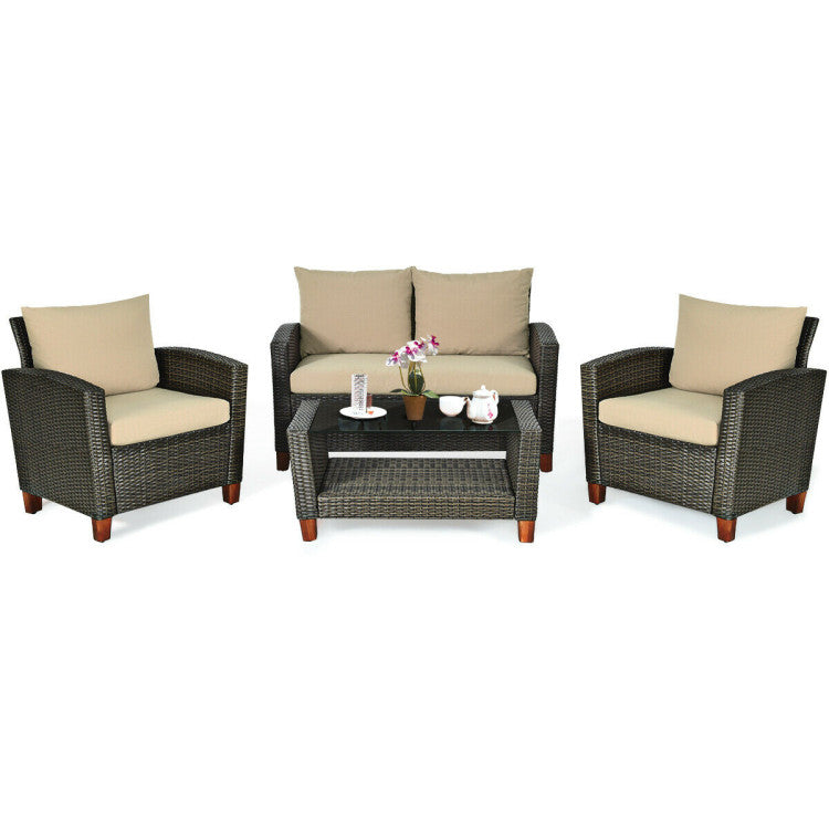 Outdoor 4 Pieces Patio Rattan Furniture Set with Cushions
