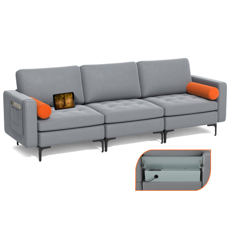 Home Modular 3-Seat Sofa Couch with Socket USB Ports and Side Storage Pocket