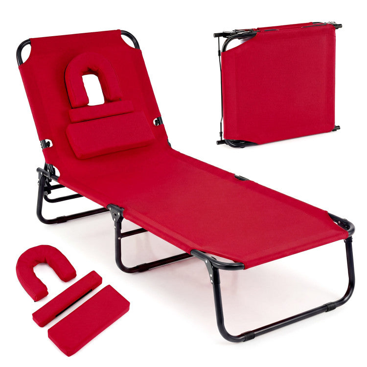 Outdoor Folding Face Down Tanning Chair with Face Hole 3 Removable Pillows