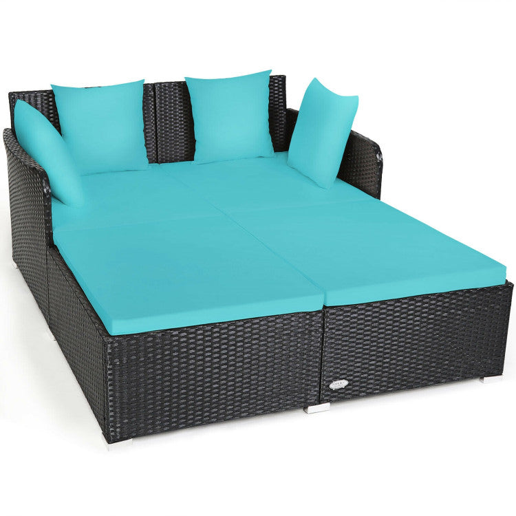 Outdoor Spacious Outdoor Rattan Daybed with Upholstered Cushions and Pillows