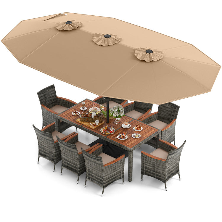 10 Pieces Wicker Outdoor Dining Set for 8 with 15 Feet Patio Umbrella
