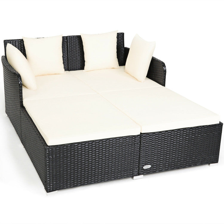 Outdoor Spacious Outdoor Rattan Daybed with Upholstered Cushions and Pillows