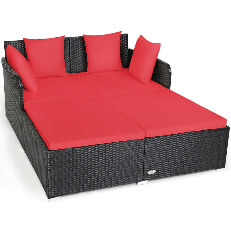 Outdoor Spacious Outdoor Rattan Daybed with Upholstered Cushions and Pillows