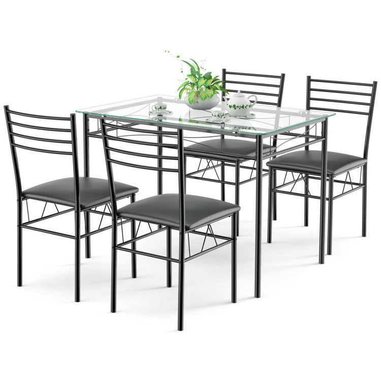 Modern 5 Pieces Dining Set with Tempered Glass Top Table and 4 Upholstered Chairs