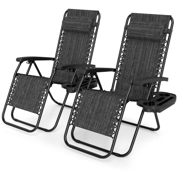 New Set of 2 Portable Zero Gravity Chairs with Cup Holder Trays and Backrest Set of 2