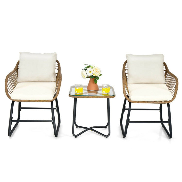 New Outdoor 3-Piece Patio Bistro Set with 2 Rattan Chairs and Square Glass Coffee Table