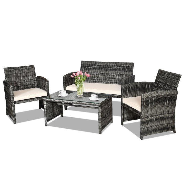 Outdoor 4 Pieces Patio Rattan Furniture Set with Glass Table and Loveseat