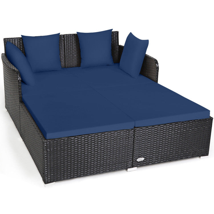 Outdoor Spacious Outdoor Rattan Daybed with Upholstered Cushions and Pillows