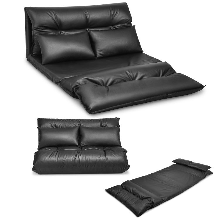 Home Foldable PU Leather Leisure Floor Sofa Bed with 2 Pillows