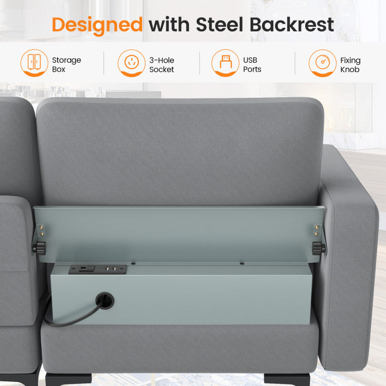 Home Modular 3-Seat Sofa Couch with Socket USB Ports and Side Storage Pocket