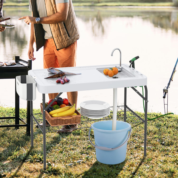 New Outdoor 2 in 1 Folding Fish Cleaning Table with Sink and Faucet for Patio BBQ