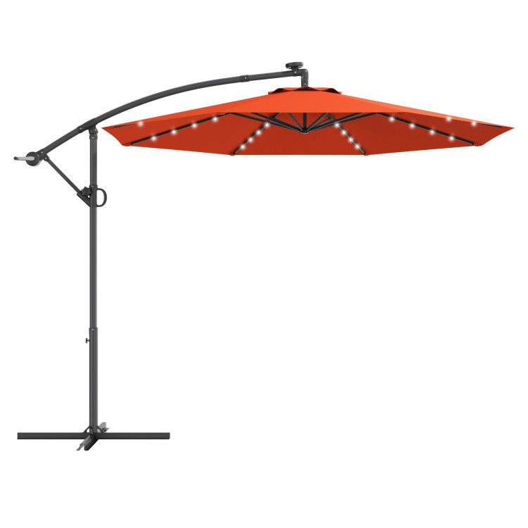 Outdoor 10 Feet 360° Rotation Solar Powered LED Patio Offset Umbrella without Weight Base
