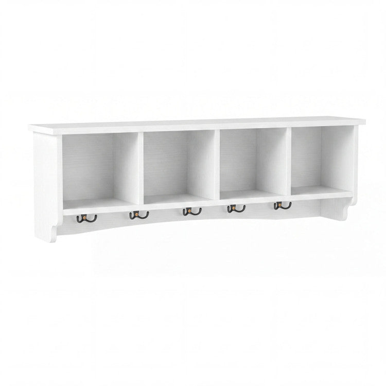 New Wall-Mounted Wooden Shelf Coat Rack with 4 Cubbies and 5 Double Hooks