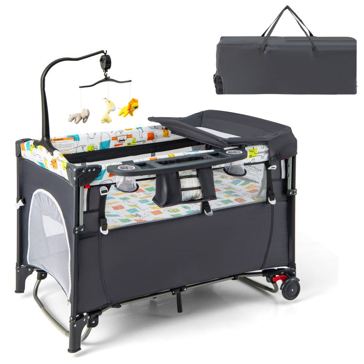 5-in-1 Foldable Baby Playpen Bedside Crib with Music Box