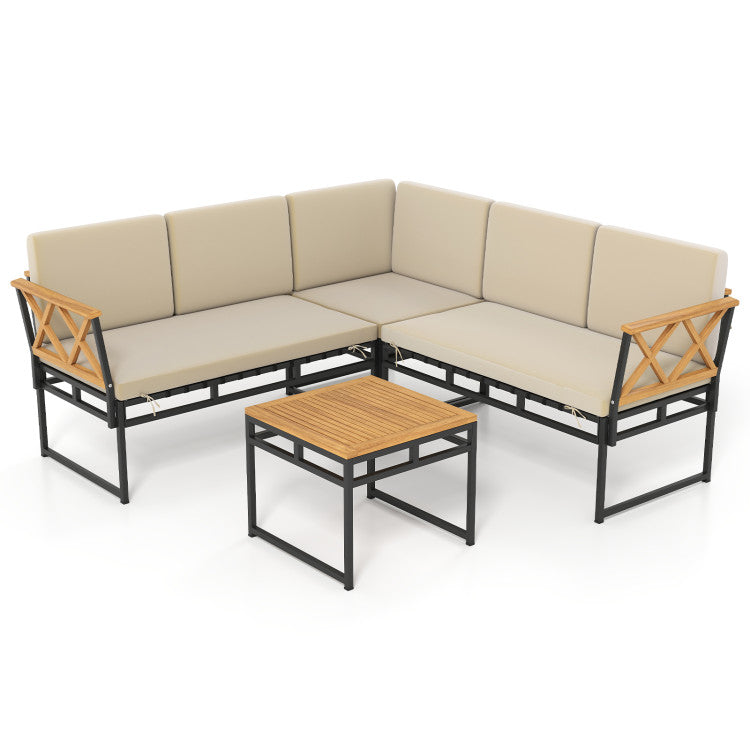 Outdoor 4 Pieces Patio L-Shaped Sofa Set with Cushions and Side Table