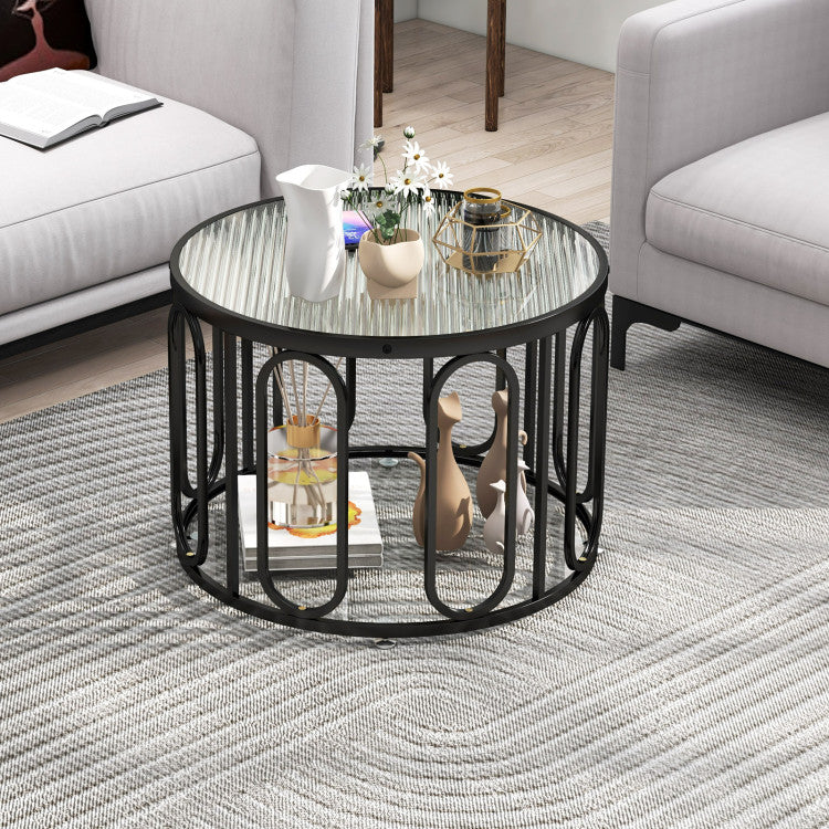 Home 24 Inch Round Coffee Table with Reeded Tempered Glass Top and Oval Swivel Brackets