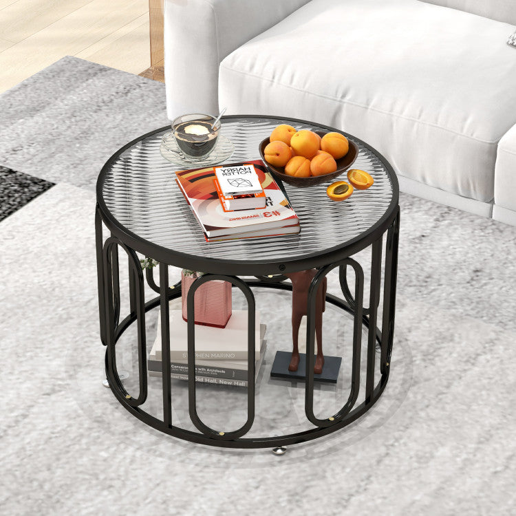 Home 24 Inch Round Coffee Table with Reeded Tempered Glass Top and Oval Swivel Brackets