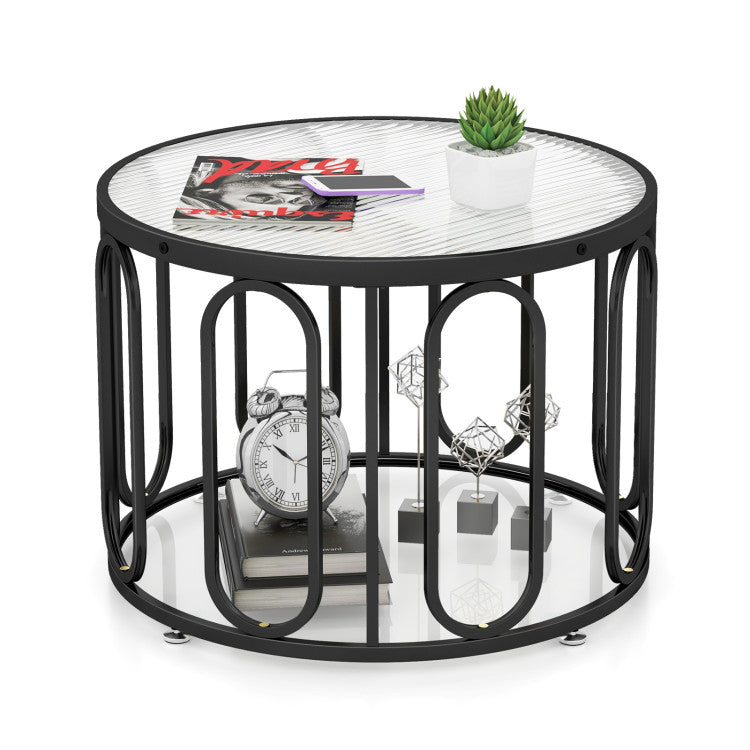 Home 24 Inch Round Coffee Table with Reeded Tempered Glass Top and Oval Swivel Brackets