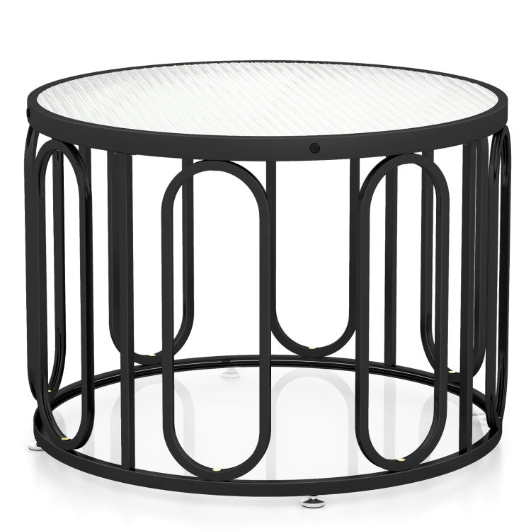 Home 24 Inch Round Coffee Table with Reeded Tempered Glass Top and Oval Swivel Brackets