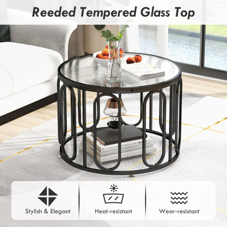Home 24 Inch Round Coffee Table with Reeded Tempered Glass Top and Oval Swivel Brackets
