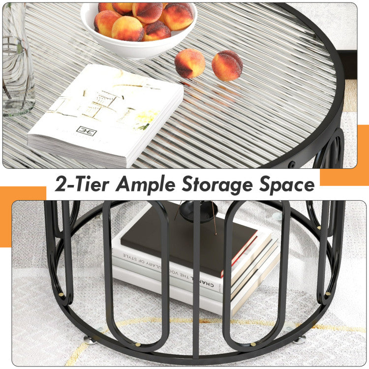 Home 24 Inch Round Coffee Table with Reeded Tempered Glass Top and Oval Swivel Brackets