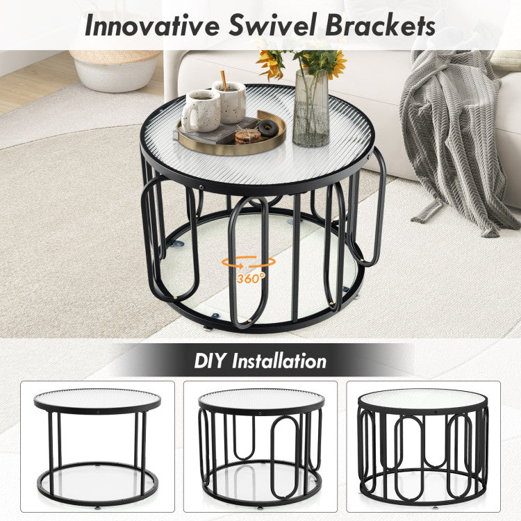 Home 24 Inch Round Coffee Table with Reeded Tempered Glass Top and Oval Swivel Brackets