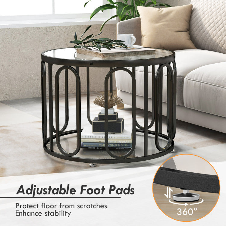 Home 24 Inch Round Coffee Table with Reeded Tempered Glass Top and Oval Swivel Brackets