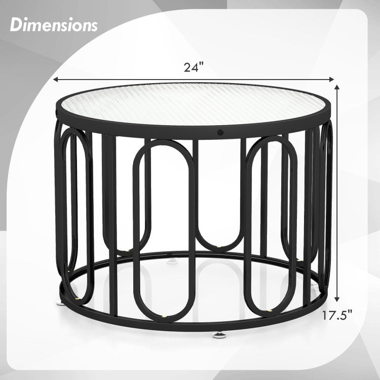 Home 24 Inch Round Coffee Table with Reeded Tempered Glass Top and Oval Swivel Brackets