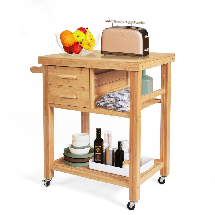 Modern Bamboo Kitchen Trolley Cart with Tower Rack and Drawers