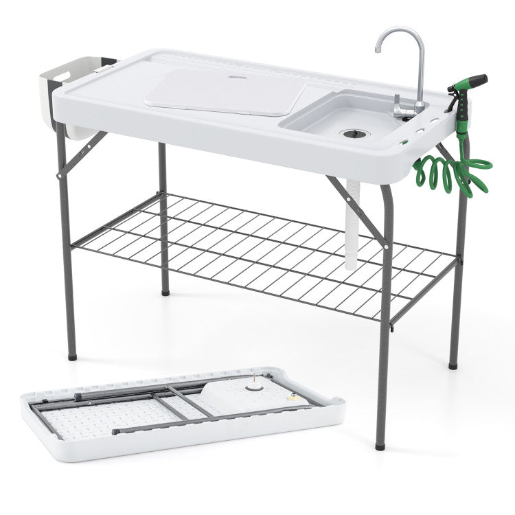 New Outdoor 2 in 1 Folding Fish Cleaning Table with Sink and Faucet for Patio BBQ