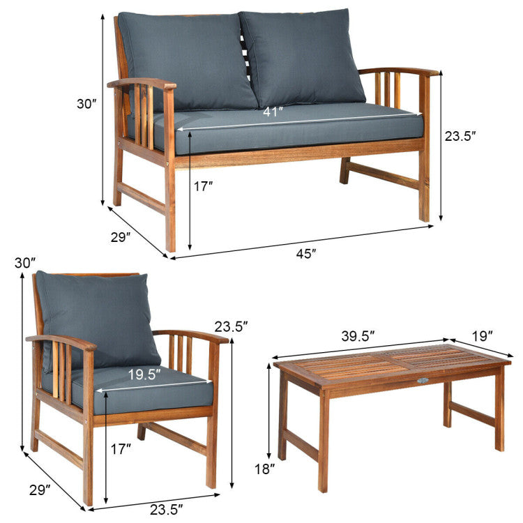 Outdoor 4 Pieces Wooden Patio Sofa Chair Set with Cushion