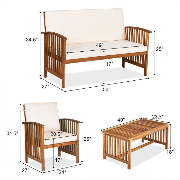 Outdoor Acacia Wood 4 Pieces Patio Solid Wood Furniture Set with Water Resistant Cushions